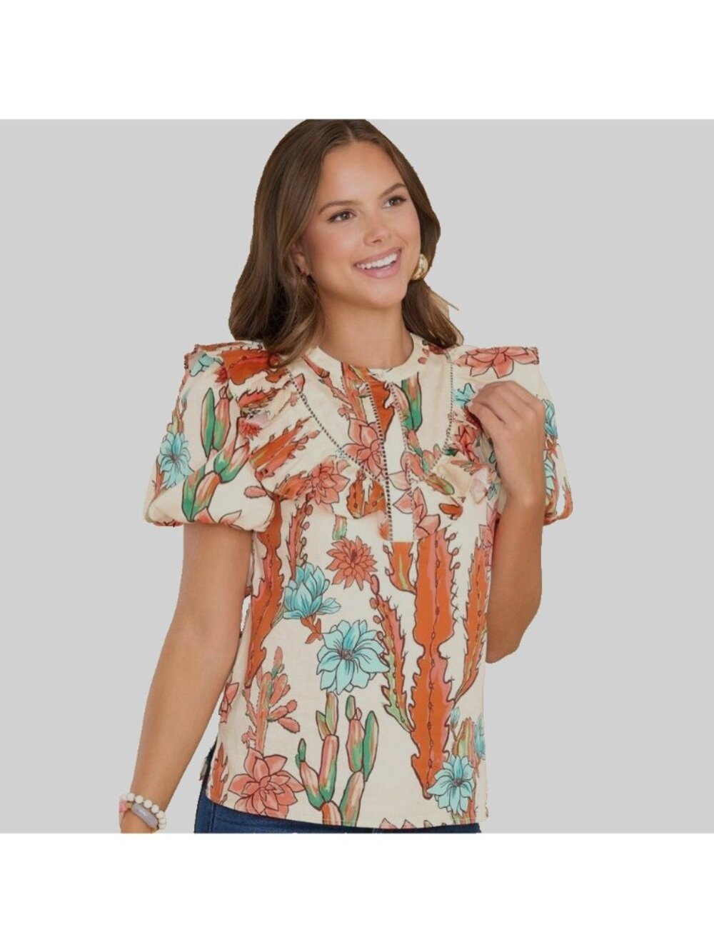 New $199 Alden Adair Puff Sleeve Ruffle Trim Cassidy Top Mirage Cactus Flower  S